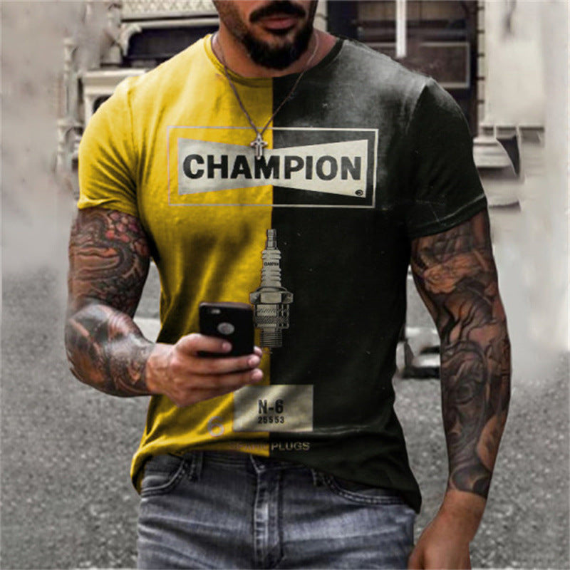 European And American Foreign Trade Cross-border New Arrival Men's Casual Round Neck Short Sleeves Digital Printing Slim Pullover Men's 3DT Shirt